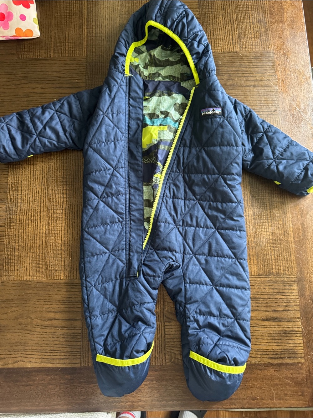 Patagonia Navy Snowsuit with Neon Yellow Trim and Camo Lining